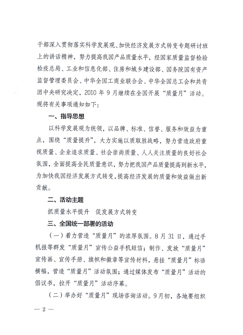 國家質(zhì)量監(jiān)督檢驗檢疫總局、工業(yè)和信息化部、住房和城鄉(xiāng)建設(shè)部、國務(wù)院國有資產(chǎn)監(jiān)督管理委員會、中華全國工商業(yè)聯(lián)合會、中華全國總工會、共青團(tuán)中央《關(guān)于開展2010年全國“質(zhì)量月”活動的通知》