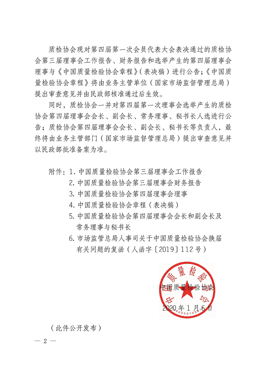 中國質(zhì)量檢驗(yàn)協(xié)會(huì)關(guān)于第四屆第一次會(huì)員代表大會(huì)和第四屆第一次理事會(huì)相關(guān)表決結(jié)果的公告(中檢辦發(fā)〔2020〕1號(hào))